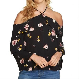 1. State Halter Neck Floral Tiered Top Black Size XS
